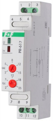 Реле тока PR-617 (диапазон 2-15А; с задержкой отключения; сквозной канал; монтаж на DIN-рейке 35мм 230В 16А 1Z IP20) F&F EA05.001.001