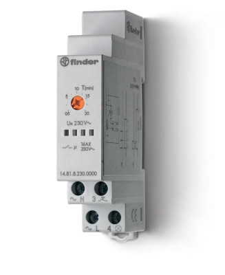 Таймер модульный электронный лестничный 1-функциональный 1NO 16А 3- или 4-проводная схема 230В AC 17.5мм IP20 FINDER 148182300000