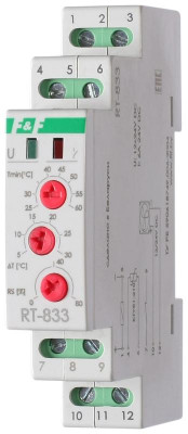 Регулятор температуры RT-833 (для управления скоростью вращения вентилятора; от +25 до +60град.C выносн. датчик 1 модуль; монтаж на DIN-рейке 12-24В DC 8А 1 NO/NC IP20) F&F EA07.001.012