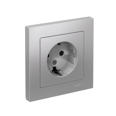 Розетка 1-м СП AtlasDesign 16А IP20 с заземл. защ. шторки в сборе алюм. SE ATN000344