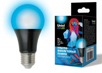 Лампа светодиодная LED-A60-9W/UVAD/E27/FR PLZ07BK 410нм ультрафиолетовая для дискотек спектр UVA картон Uniel UL-00005855