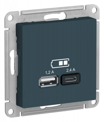 Розетка USB AtlasDesign тип A+C 5В/2.4А 2х5В/1.2А механизм изумруд SE ATN000839