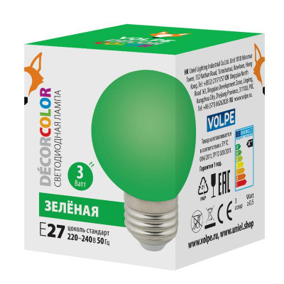 Лампа декоративная светодиод. LED-G60-3W/GREEN/E27/FR/С Шармат упак. картон зел. Volpe UL-00006958