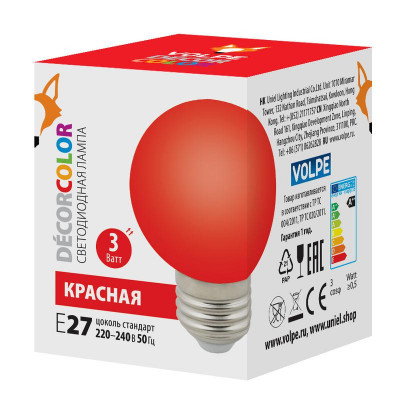 Лампа декоративная светодиод. LED-G60-3W/RED/E27/FR/С Шармат упак. картон красн. Volpe UL-00006959