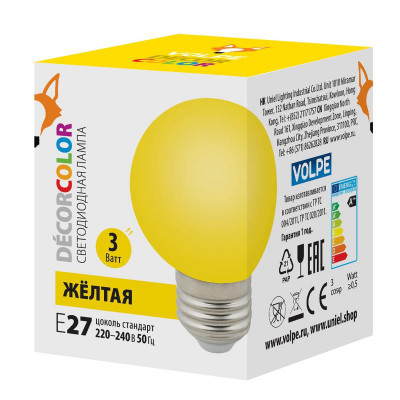 Лампа декоративная светодиод. LED-G60-3W/YELLOW/E27/FR/С Шармат упак. картон желт. Volpe UL-00006961