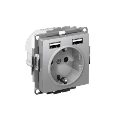 Розетка 1-м СП AtlasDesign 16А IP20 с 2-мя заряд. устройствами USB тип A+A 5В/2.4А 2х5В/1.2А механизм алюм. SE ATN000330