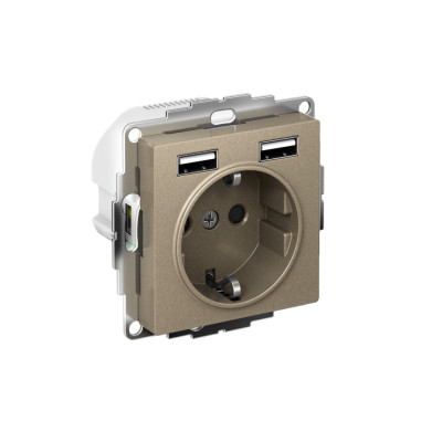 Розетка 1-м СП AtlasDesign 16А IP20 с 2-мя заряд. устройствами USB тип A+A 5В/2.4А 2х5В/1.2А механизм шампань SE ATN000530