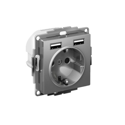 Розетка 1-м СП AtlasDesign 16А IP20 с 2-мя заряд. устройствами USB тип A+A 5В/2.4А 2х5В/1.2А механизм сталь SE ATN000930