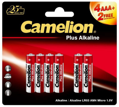 Элемент питания алкалиновый AAA/LR03 1.5В Plus Alkaline 4+2LR03-BP (блист.6шт) Camelion 14112