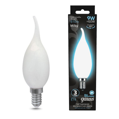 Лампа светодиодная филаментная Black Filament 9Вт свеча на ветру матовая 4100К нейтр. бел. E14 610лм GAUSS 104201209