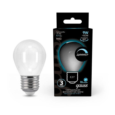 Лампа светодиодная филаментная Black Filament 9Вт P45 шар матовая 4100К нейтр. бел. E27 610лм диммир. GAUSS 105202209-D