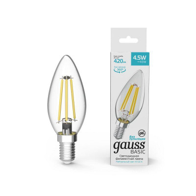 Лампа светодиодная филаментная Basic 4.5Вт свеча 4100К нейтр. бел. E14 420лм GAUSS 1031215