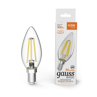 Лампа светодиодная филаментная Basic 4.5Вт свеча 2700К тепл. бел. E14 400лм GAUSS 1031115