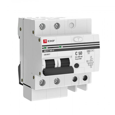 Выключатель автоматический дифференциального тока C 50А 300мА тип AC 6кА АД-2 (электрон.) защита 270В PROxima EKF DA2-6-50-300-pro