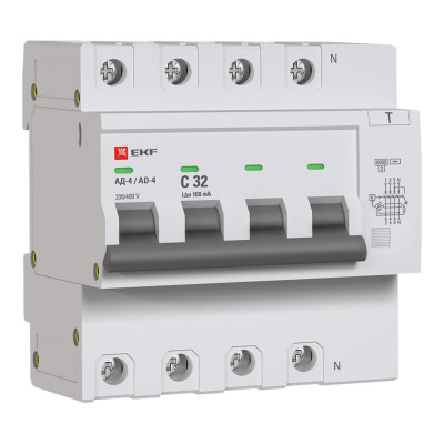 Выключатель автоматический дифференциального тока C 32А 100мА тип AC 6кА АД-4  (электрон.) защита 270В PROxima EKF DA4-6-32-100-pro