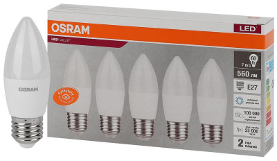 Лампа светодиодная LED Value LVCLB60 7SW/865 7Вт свеча матовая E27 230В 2х5 RU (уп.5шт) OSRAM 4058075578074