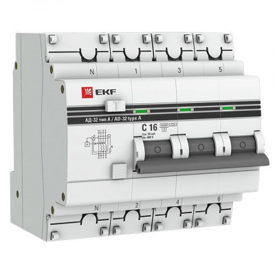 Выключатель автоматический дифференциального тока 4п (3P+N) C 16А 30мА тип A 6кА АД-32 защита 270В электрон. PROxima EKF DA32-6-16-30-4P-a-pro
