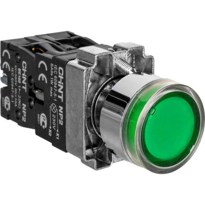 Кнопка управления NP2-BW3365 плоская 1НО+1НЗ AC/DC230В (LED) IP40 (R) зел. CHINT 574365