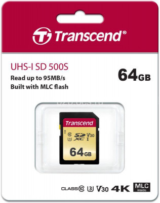 Карта памяти TS64GSDC500S 64GB SDXC Class 10 UHS-I U3 V30 R95 W60MB/s Transcend 1000501736