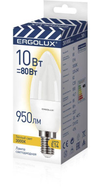 Лампа светодиодная LED-C35-10W-E14-3K 10Вт свеча 3000К тепл. бел. E14 180-240В ПРОМО Ergolux 14547