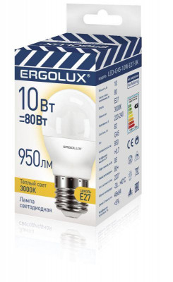 Лампа светодиодная LED-G45-10W-E27-3K 10Вт шар 3000К тепл. бел. E27 180-240В ПРОМО Ergolux 14548