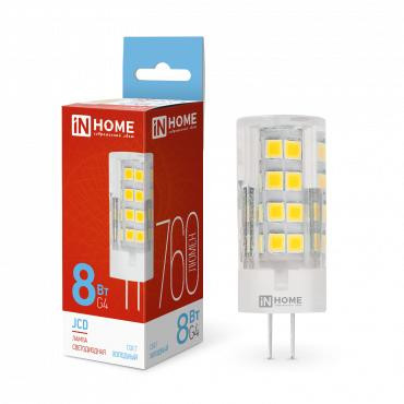 Лампа светодиодная LED-JCD 8Вт капсульная прозрачная 6500К холод. бел. G4 760лм 230В IN HOME 4690612036229