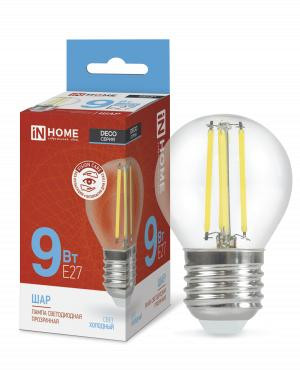 Лампа светодиодная LED-ШАР-deco 9Вт шар прозрачная 6500К холод. бел. E27 1040лм 230В IN HOME 4690612036441