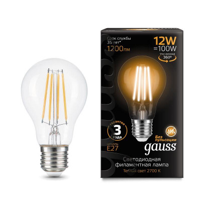 Лампа светодиодная филаментная Black Filament 12Вт A60 грушевидная 2700К тепл. бел. E27 1200лм GAUSS 102902112