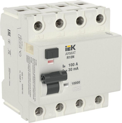 Выключатель дифференциального тока (УЗО) 4п 100А 30мА тип A ВДТ R10N ARMAT IEK AR-R10N-4-100A030