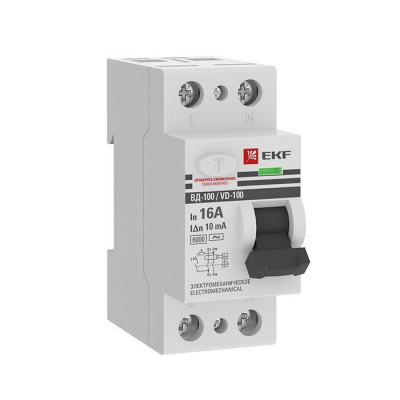 Выключатель дифференциального тока (УЗО) 2п 16А 10мА тип AC 6кА ВД-100 электромех. PROxima EKF elcb-2-6-16-10-em-pro