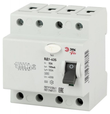 Выключатель дифференциального тока (УЗО) 3P+N 32А 100мА ВД1-63S Pro NO-902-154 ЭРА Б0036859