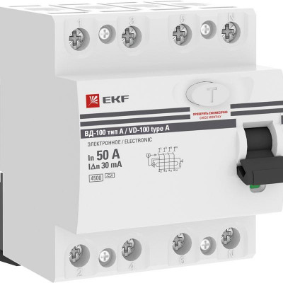 Выключатель дифференциального тока (УЗО) 4п 50А 30мА тип A ВД-100 (электромех.) PROxima EKF elcb-4-50-30-em-a-pro