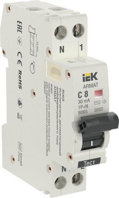 Выключатель автоматический дифференциального тока 2п (1P+N) C 8А 30мА тип AC АВДТ B06S 18мм ARMAT IEK AR-B06S-1N-C08C030