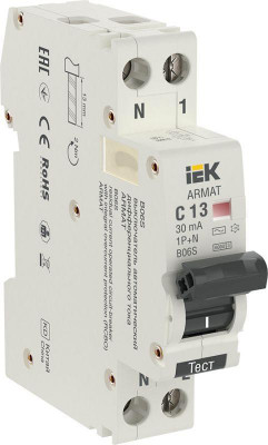 Выключатель автоматический дифференциального тока 2п (1P+N) C 13А 30мА тип AC АВДТ B06S 18мм ARMAT IEK AR-B06S-1N-C13C030