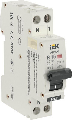 Выключатель автоматический дифференциального тока 2п (1P+N) B 16А 30мА тип AC АВДТ B06S 18мм ARMAT IEK AR-B06S-1N-B16C030