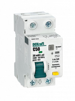 Выключатель автоматический дифференциального тока 2п (1P+N) C 50А 30мА тип AC 4.5кА ДИФ-103 DEKraft 16057DEK