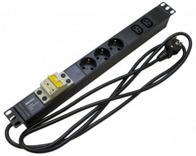 Блок розеток для 19дюйм шкафов горизонт. 3 розетки Schuko 2 розетки IEC320 C13 автомат. выкл. кабель питания 2.5м (3х1.5мм2) с вилкой Schuko 16А 250В 482.6х44.4х44.4мм (ДхШхВ) SHE19-3SH-2IEC-B-2.5EU Hyperline 397015