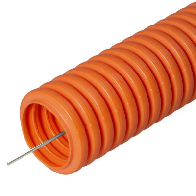 Труба гофрированная ПНД легкая d32мм с протяжкой 350 Н безгалоген. (HF) оранж. (уп.25м) Промрукав PR.023261
