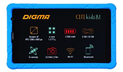 Планшет CITI Kids 81 MT8321 (1.3) 4C RAM 2Гбайт ROM 32Гбайт 8дюйм IPS 1280х800 3G Android 10.0 Go 2Mpix 0.3Mpix BT GPS WiFi Touch microSDHC 64Гбайт minUSB 3500мА.ч син. Digma 1396387