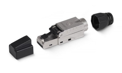 Коннектор 8P8C-SH-C6+ -TWP с фиксатором кабеля и колпачком RJ-45(8P8C) под витую пару категория до 6a экран. для ож кабеля для толстых жил 1.35-1.5мм (с оболочкой) со вставкой Cabeus 8956c