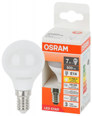Лампа светодиодная LED Star 7Вт шар 2700К E14 600лм (замена 60Вт) OSRAM 4058075695924