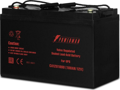 Батарея Battery CA121000 напряжение 12В емкость 100А.ч макс. ток разряда 800А макс. ток заряда 30А свинцово-кислотная типа AGM тип клемм М2 Д/Ш/В 329/172/215 27.7кг POWERMAN 1000425508
