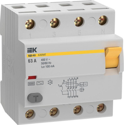 Выключатель дифференциального тока (УЗО) 4п 63А 100мА 6кА тип AC ВД3-63 KARAT IEK MDV20-4-063-100