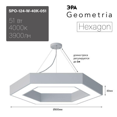 Светильник светодиодный Geometria Hexagon SPO-124-W-40K-051 51Вт 4000К 3900лм IP40 800х800х80 бел. подвесной Эра Б0050556