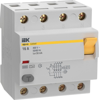 Выключатель дифференциального тока (УЗО) 4п 16А 30мА 6кА тип A ВД3-63 KARAT IEK MDV21-4-016-030