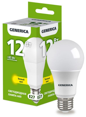 Лампа светодиодная A60 12Вт грушевидная 3000К E27 230В GENERICA LL-A60-12-230-30-E27-G