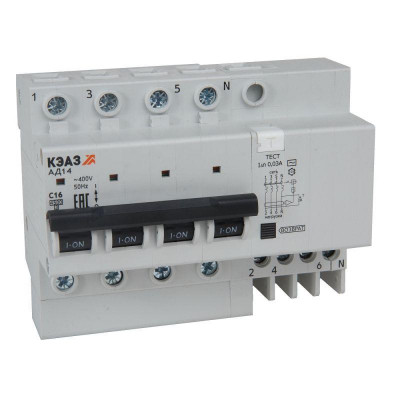 Выключатель автоматический дифференциального тока 4п C 63А 10мА тип AC 4.5кА АД14-41C63-АC УХЛ4 КЭАЗ 318758