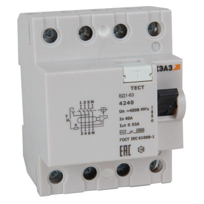 Выключатель дифференциального тока (УЗО) 4п 50А 300мА ВД1-63-4450-АС УХЛ4 электронное КЭАЗ 318493