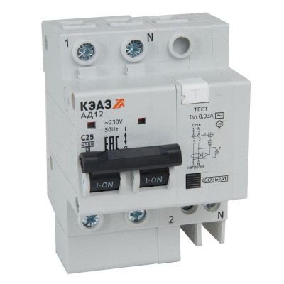 Выключатель автоматический АД12-22C40-АC-УХЛ4 дифференциального тока с защитой от сверхтоков (2P C40 30мА) 4.5кА КЭАЗ 318372