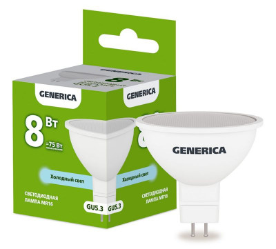 Лампа светодиодная MR16 8Вт софит 6500К GU5.3 230В GENERICA LL-MR16-08-230-65-GU5-G
